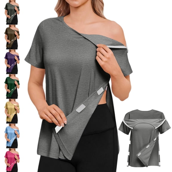 longantii Post Shoulder Surgery Shirts for Women Chemo Dialysis Port with 2 Shoulder Half Zippers After Rotator Cuff Tops Light Gray XL