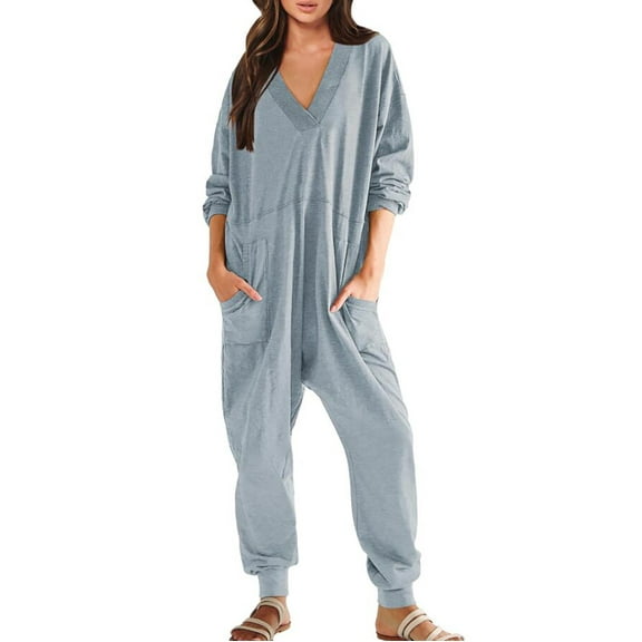 HSHMT One Piece Jumpsuits For Women Women's Casual Loose Jumpsuits Long Sleeve V Neck Oversized Rompers Baggy Overalls Pajamas