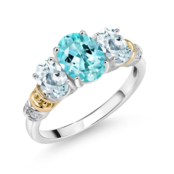 Gem Stone King 925 Sterling Silver and 10K Yellow Gold Oval Blue Apatite Sky Blue Aquamarine and White Diamond 3 Stone Ring for Women (2.23 Cttw, Gemstone Birthstone, Size 6)