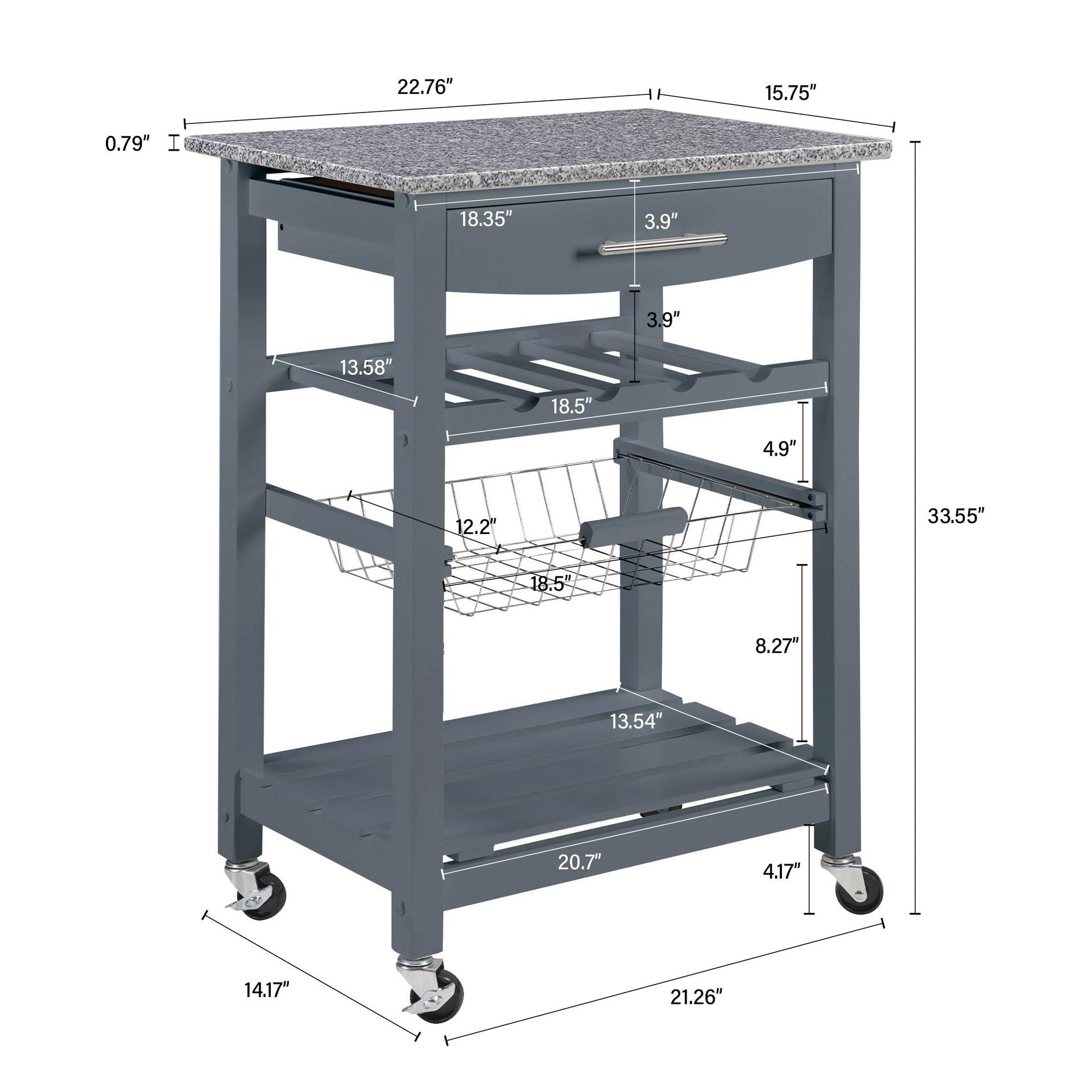 Mobile Rolling Kitchen Island Trolley Serving Cart with Underneath Drawer & Slide-Out Wire Storage Basket