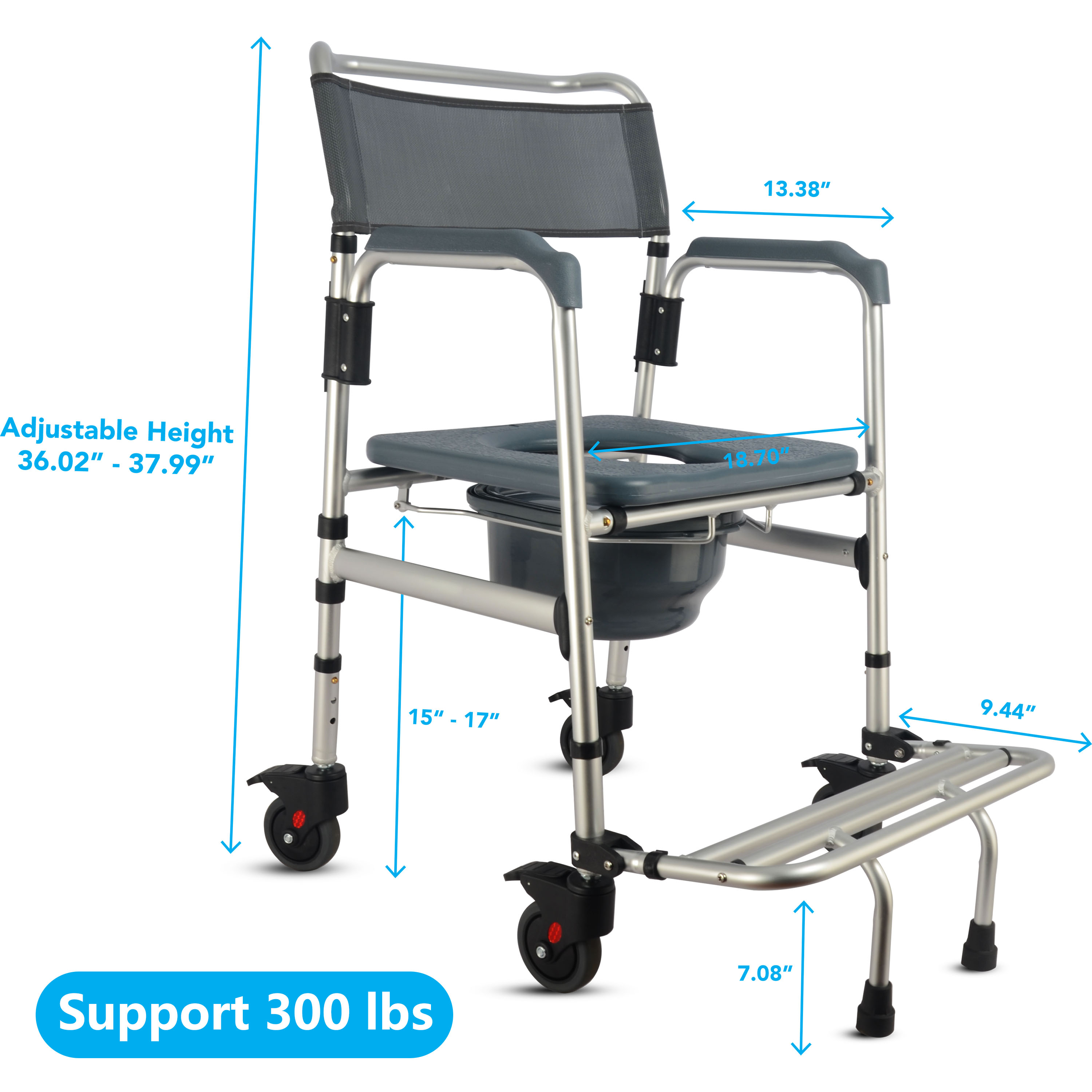 HygiCare 3 in 1 Commode Chair, Tool-Free, Aluminum, Heavy-duty, Up to 300 lbs, Adjustable Height, with Bucket