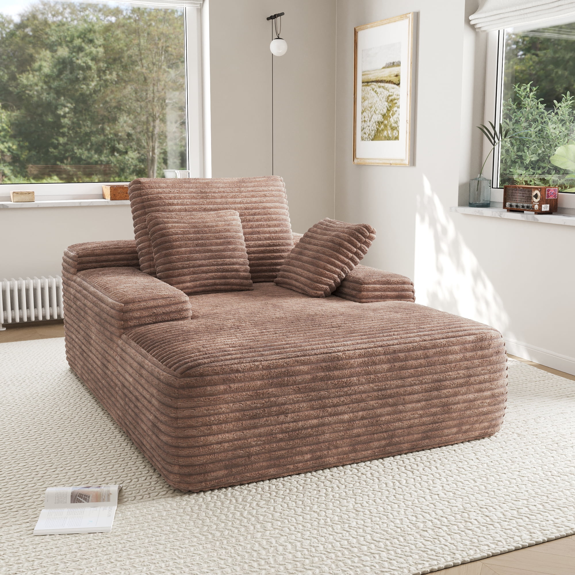 Sodrens 67" Oversized Chaise Lounge Chair Indoor,Cloud Plush Corduroy Upholstered Sofa Bed,Modern Deep Seat Sofa with Back Cushion,Pillows,Cozy Sleeper Couch for Living Room,Brown