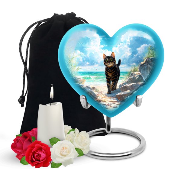 Yatskia Cat at Beach Cremation Urns for Human Ashes Adult Mother and Father, Decorative Large Memorial Urn for Adult Ashes, (Heart Large, 8 Inch)