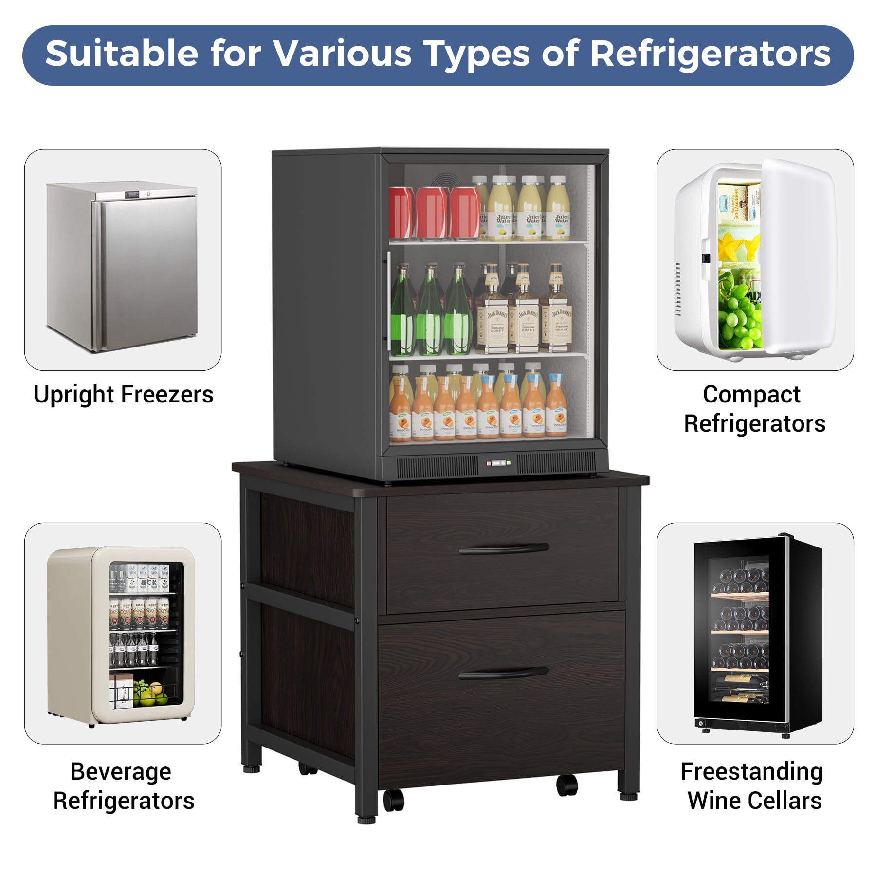 INFANZIA Mini Fridge Stand with Storage, Beverage Refrigerator Stand Table with Rolling Cabine, 22.1"Lx 23.2"W Solid Wood Heavy Duty Mini Fridge Cabinet for Dorm, Office, Bedroom, Black