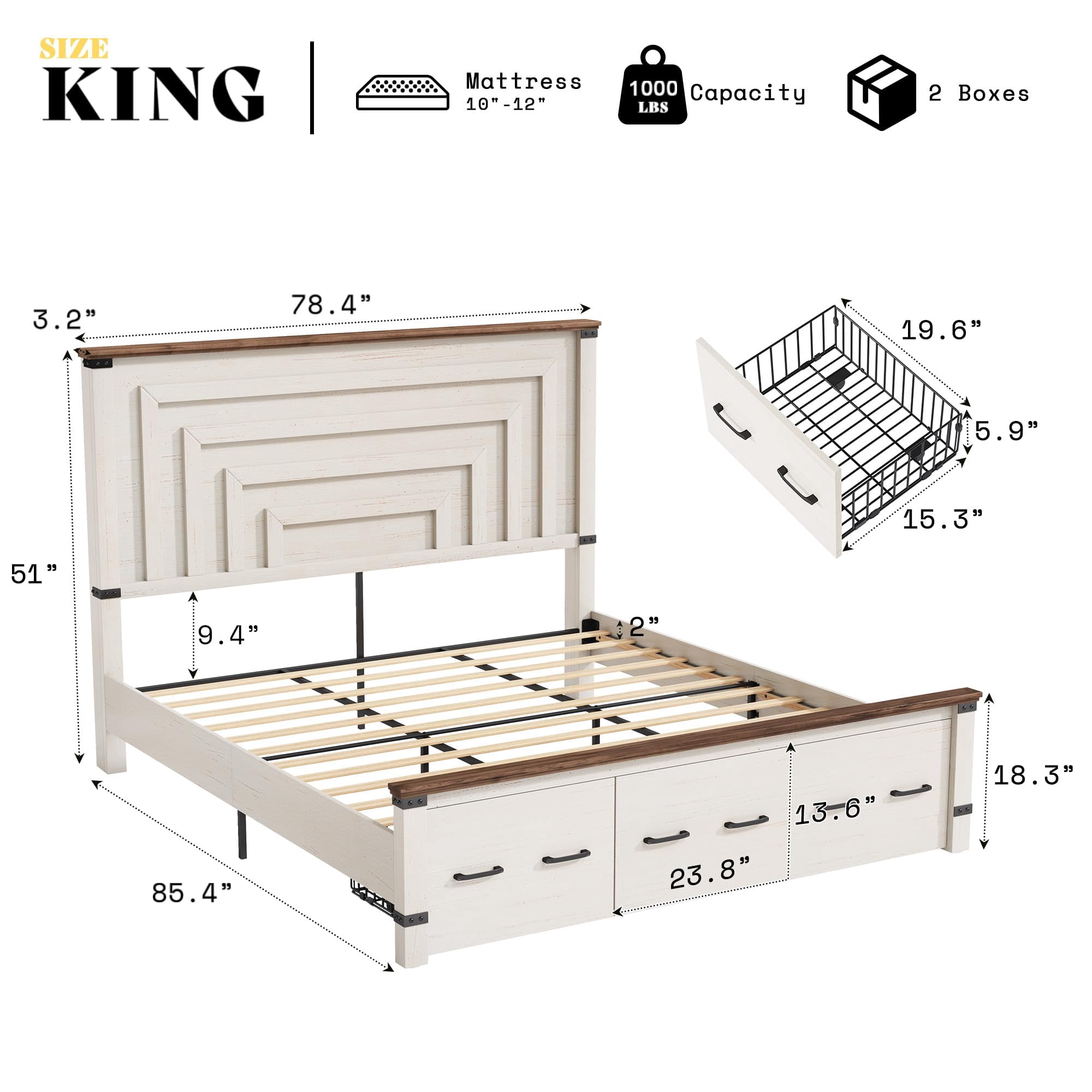 PLAUIN Farmhouse King Size Bed Frame, Rustic Wood Platform with Footboard & Wood Slats, White