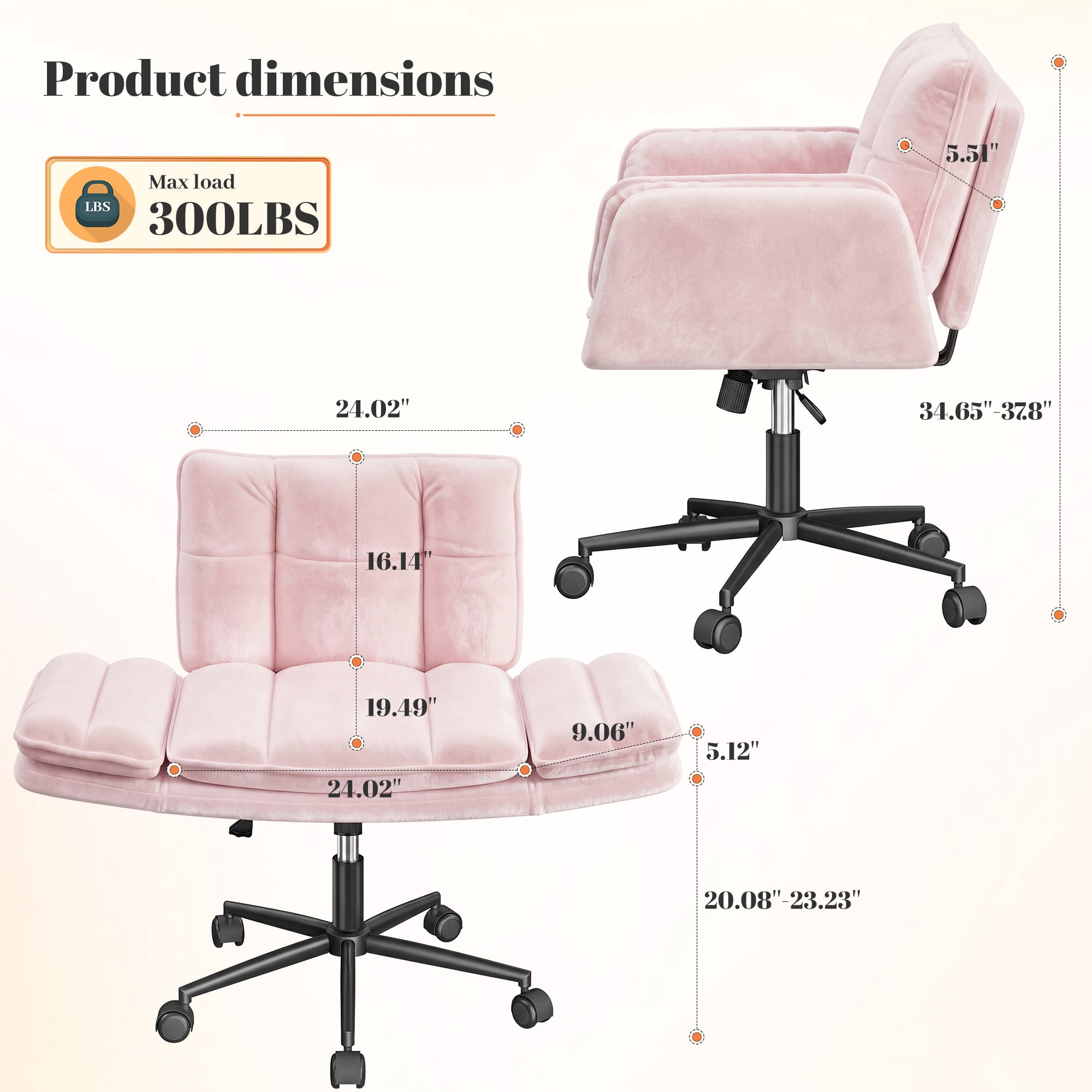 Romorgniz Criss Cross Chair with Wheels Plush Fleece Vanity Chair with 5-Gear Adjustable Armrests Ergonomic Office Chair for Home Office, Pink