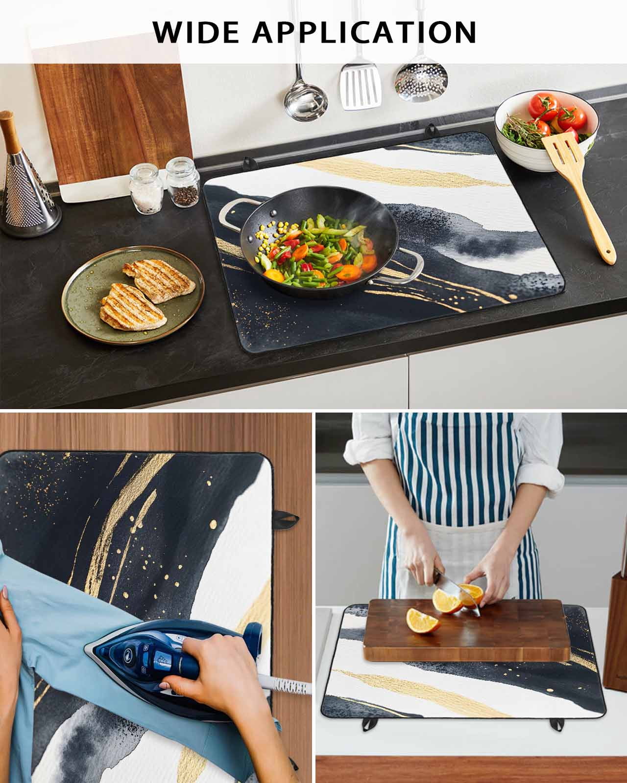 nqOlkjepod Large Induction Cooktop Protector Mat 24"x21", Marble Stove Top Covers for Electric Stove, Black Navy Blue Gold White Modern Luxury Stove Burner Cover Mats, Glass Top Stove Cover
