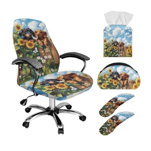 ZIATUBLES Dachshund Sunflower Print 5 Piece Office Decor Set, Chair Cover with Armrest Slipcover, Remote Control Holder and Folding Tissue Box Organizer Office Decorative Accessories, S