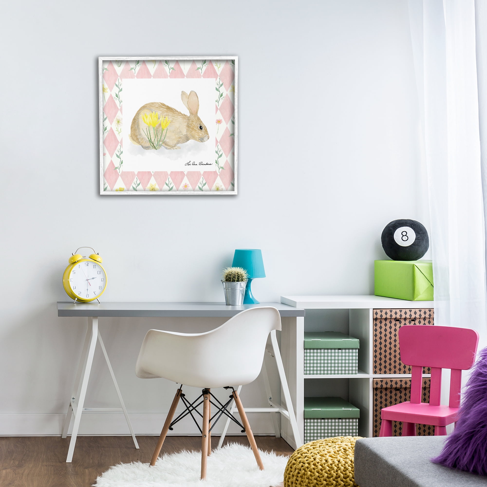 Buttercup Bunny on Pink Argyle White Framed Giclee Art, design by Lee Ann Sanders