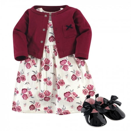 

Hudson Baby Infant Girl Cotton Dress Cardigan and Shoe 3pc Set Rose 6-9 Months