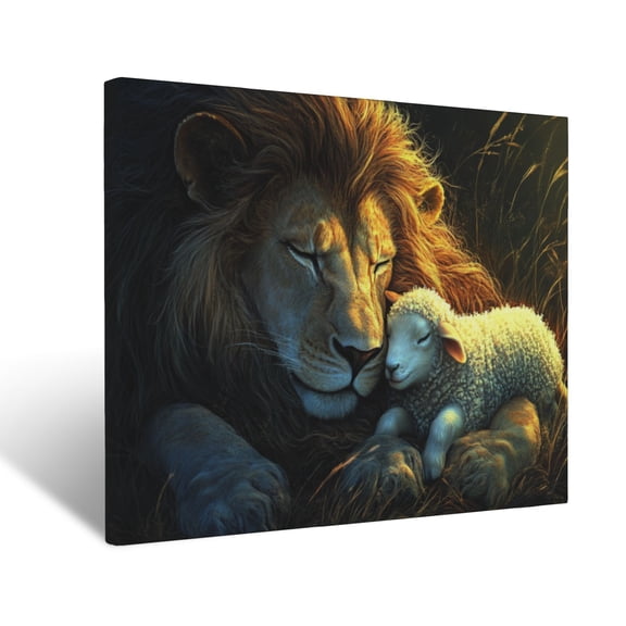 CozyNet Detailed Lion And Lamb Resting Together, Glowing With Divine Serenity Wall Art Prints With Frame Canvas Perfect for Living Room & Bedroom, Ready to Hang, Wall Decor 12"x16"