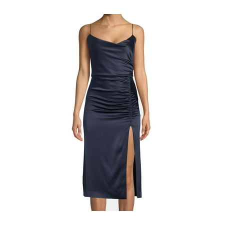 Womens Sheath Dress Navy Satin Front-Split 2