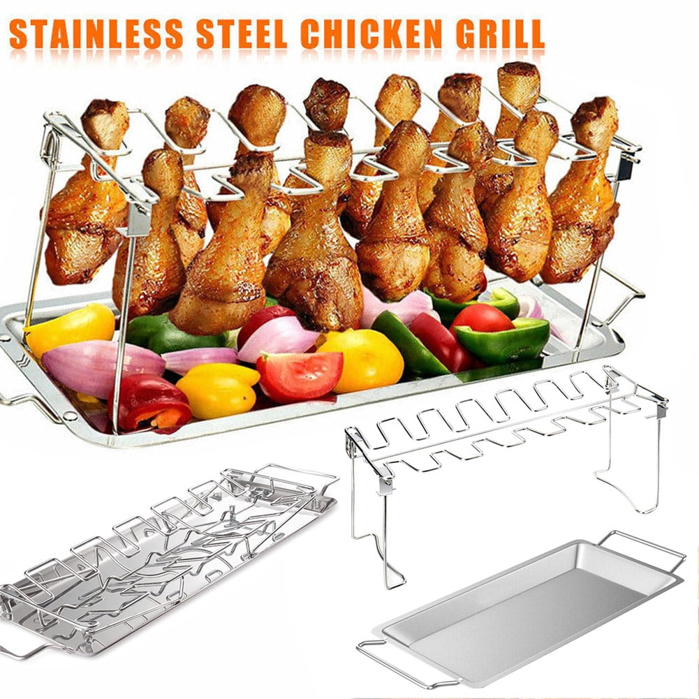 Chicken Leg Wing Rack 14 Slots Metal Roaster Stand w/Drip Tray for Smoker Grills