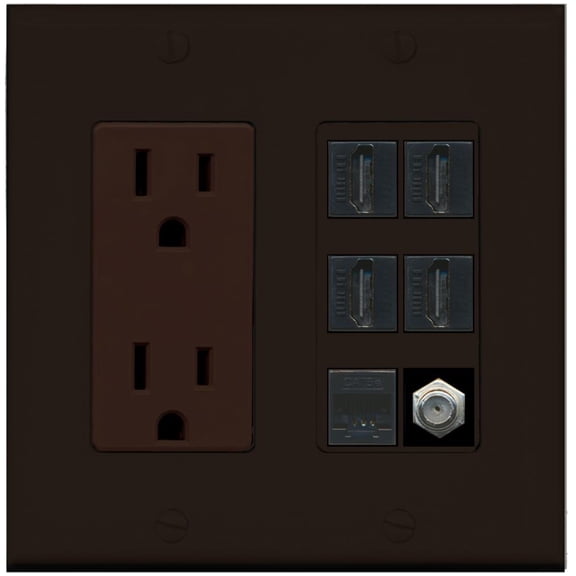 Riteav 15A Power Outlet, 4 HDMI, 1 Cat5e Ethernet, 1 Coax Cable TV Wall Plate - Brown