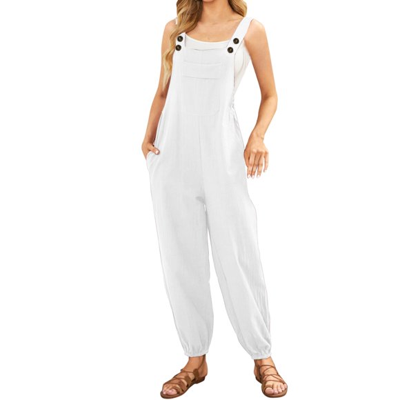 TrendOFT Summer Jumpsuit For Women Casual Sleeveless Square Neck Solid Wide Leg Bib Pants Button Pockets Womens Rompers One Piece Overalls White S