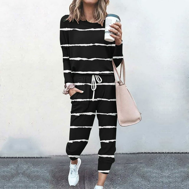 Puntoco Conjuntos sueltos de dos piezas para mujer, tops lisos de manga larga, pantalones casuales, sudadera Puntoco Puntoco-4719