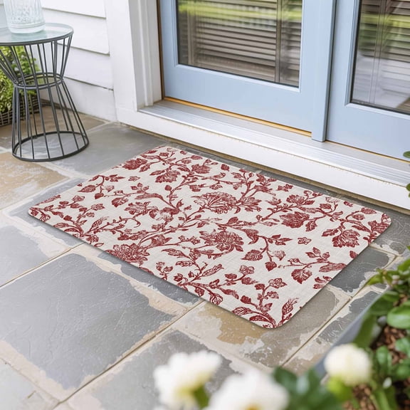 Farmhouse Red Door Mat Indoor Outdoor, Vintage Flower Leaf Botanical Plant Non Slip Welcome Mat with Rubber Backing, Absorbent Fabric Front Door Mats Entryway Rug for Home Patio Entrance 16"x24"