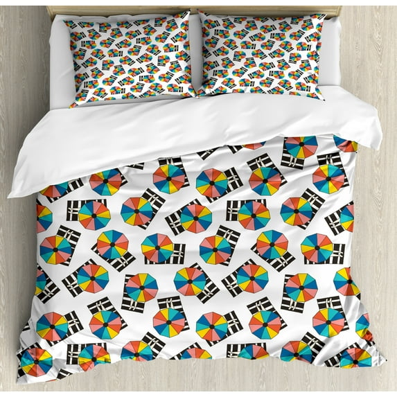 Umbrella Duvet Cover Set Queen Size, Laying Under Colorful Parasols on Striped Towels Summer Beach Theme Pattern, Decorative 3 Piece Bedding Set with 2 Pillow Shams, White Multicolor, by Ambesonne