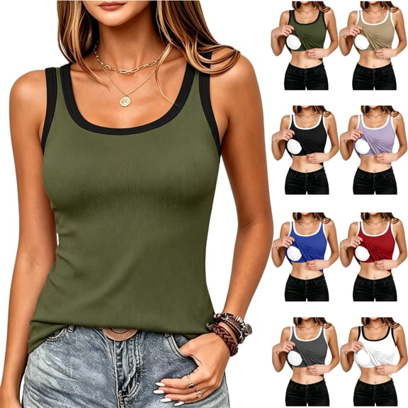 Yeaiivve Built In Bra Tank Tops for Women Color Block Sleeveless Undershirts U-Neck Ribbed Summer Tanks Casual Athletic Workout Tank Top Gray S