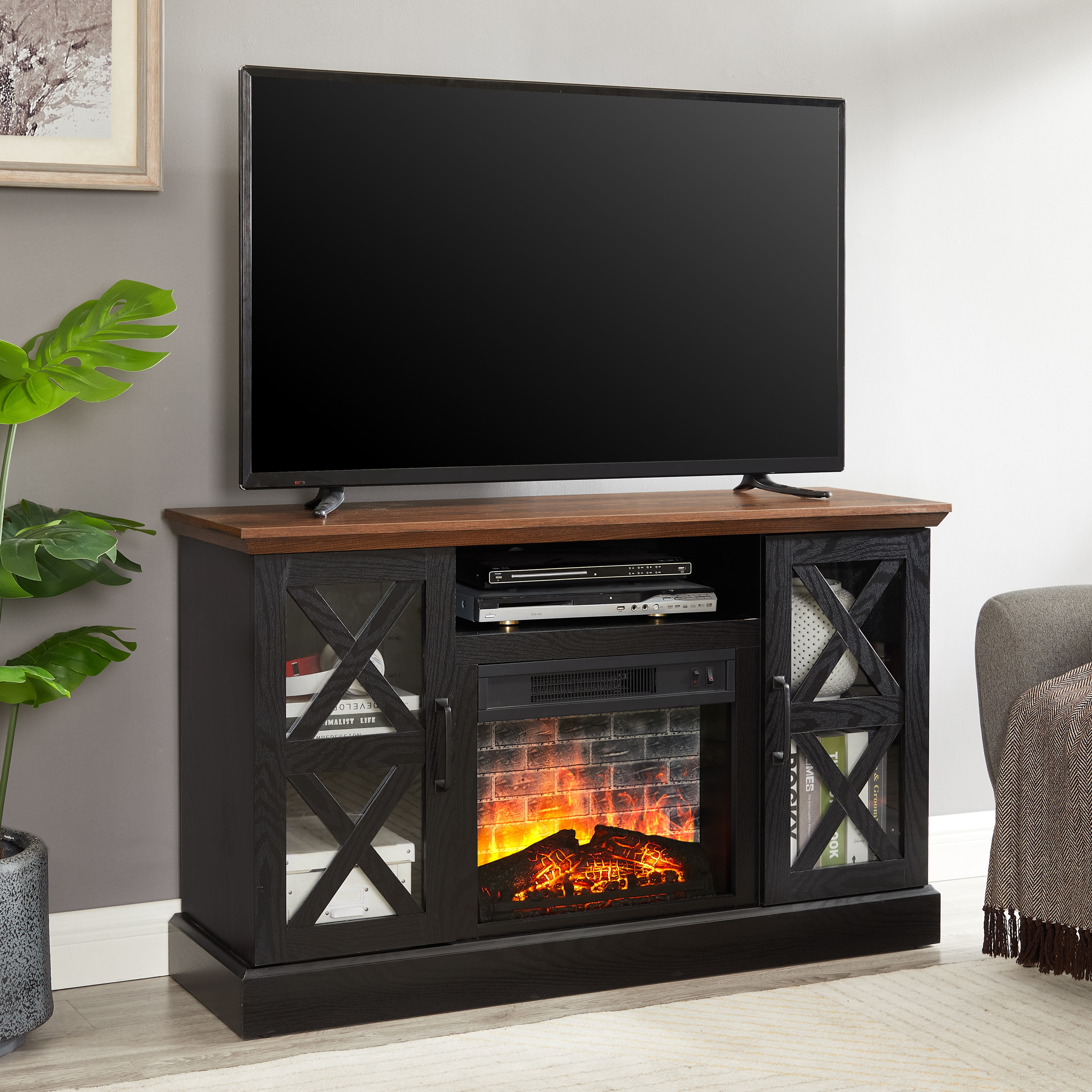 Mainstays Farmhouse Fireplace TV Stand for TVs up to 55", Black/Walnut Finish