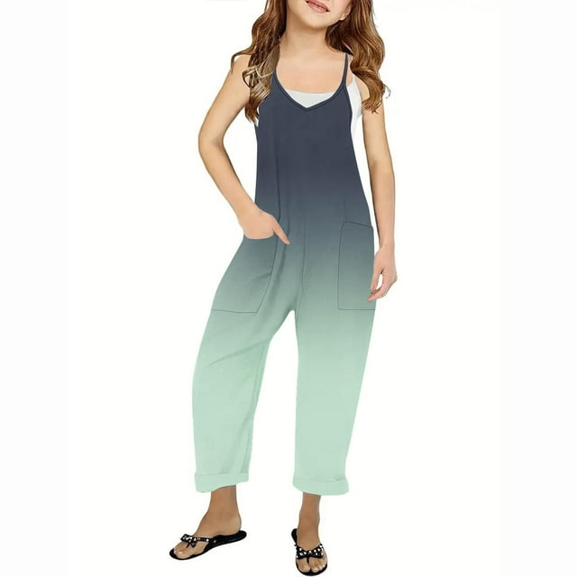 RXIRUCGD Girls Casual Jumpsuits Gradient Print Sleeveless Summer Rompers Long Pants With Pockets For 5-14 Years( Dark Gray, Size:11 Years )