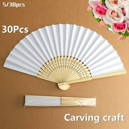 

30/20/10 Pack Pack Hand Held Fans White Silk Bamboo Folding Fans Handheld Folded Fan for Wedding Party DIY Decoration