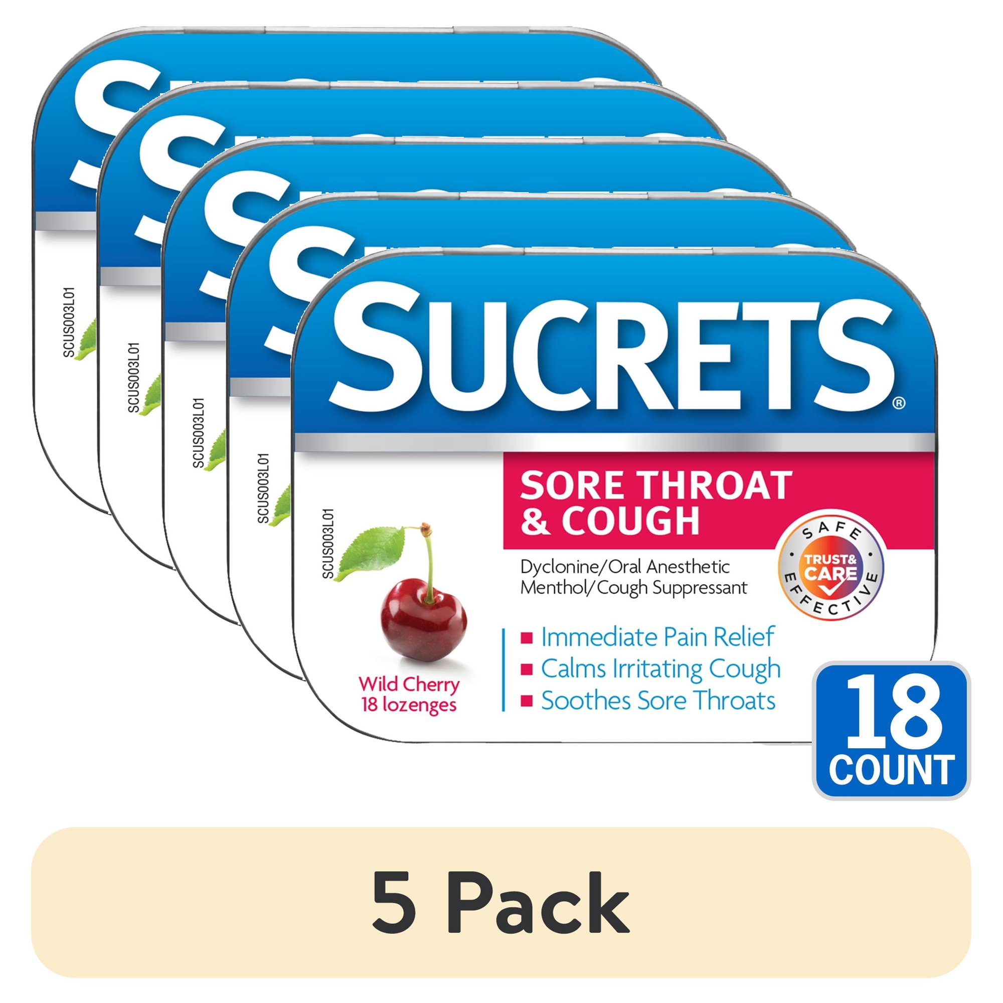 (5 pack) Sucrets Sore Throat Lozenges, Wild Cherry Flavor, 18 Count