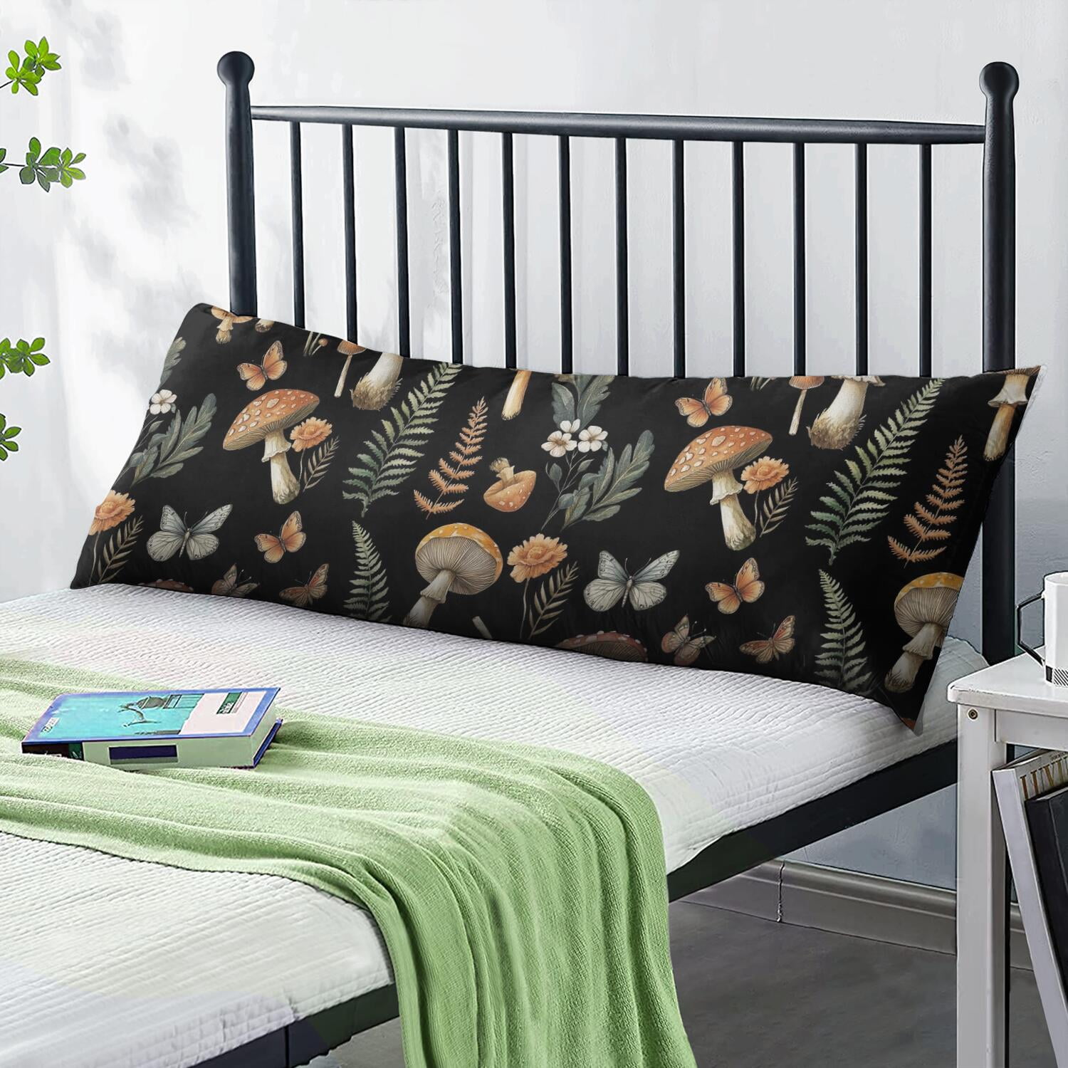 Boho Vintage Mushroom Body Pillow Cover 20x54 - Breathable & Durable - Invisible Zipper Closure - Woodland Mushroom Theme