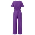thumbnail image 6 of CheerKidz Women's V Neck Short Sleeve Romper Cotton Linen Jumpsuit Loose Overalls with Belt and Pockets(Purple,L), 6 of 7