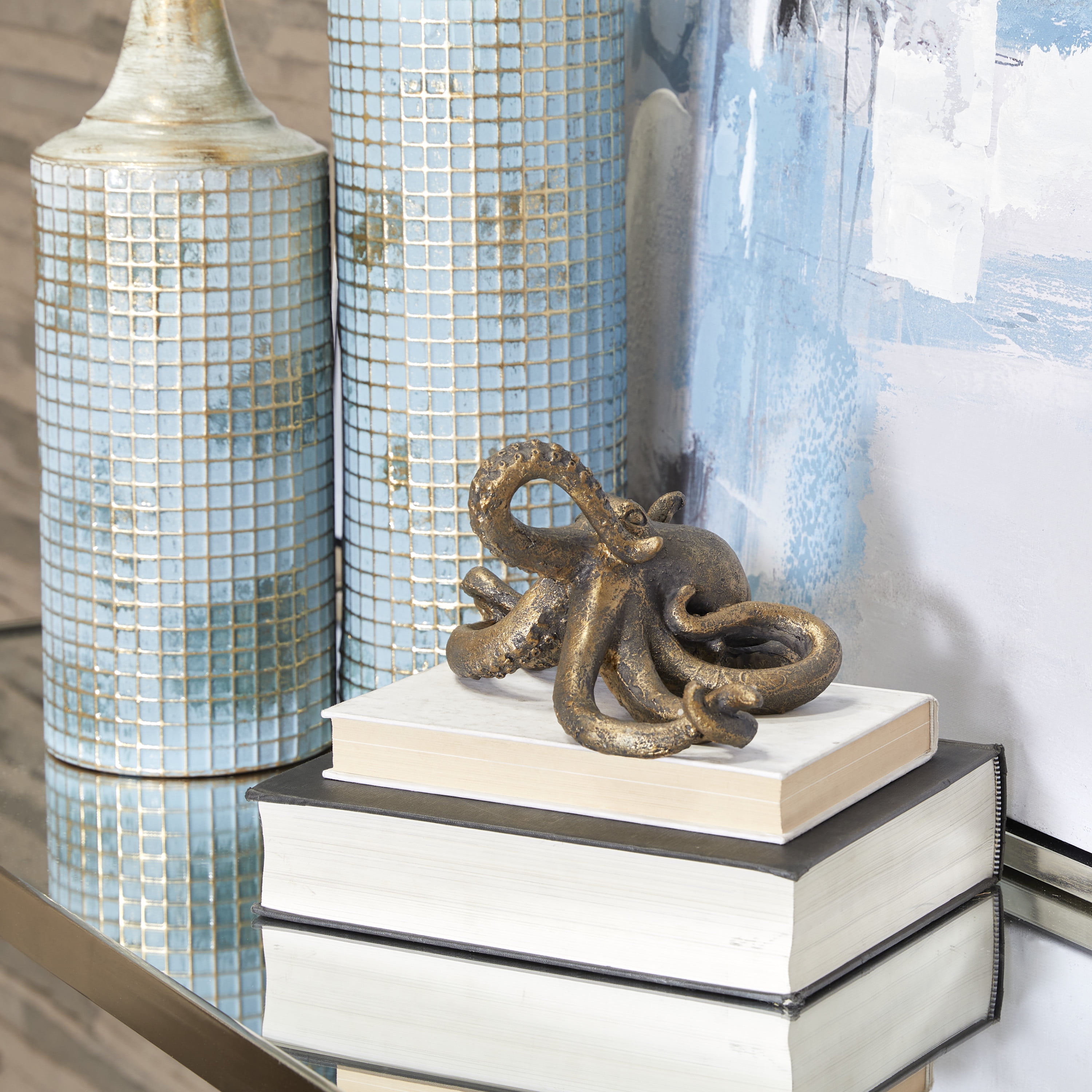 11" x 5" Black Polystone Octopus Sculpture with Long Tentacles and Suctions Detailing, by DecMode