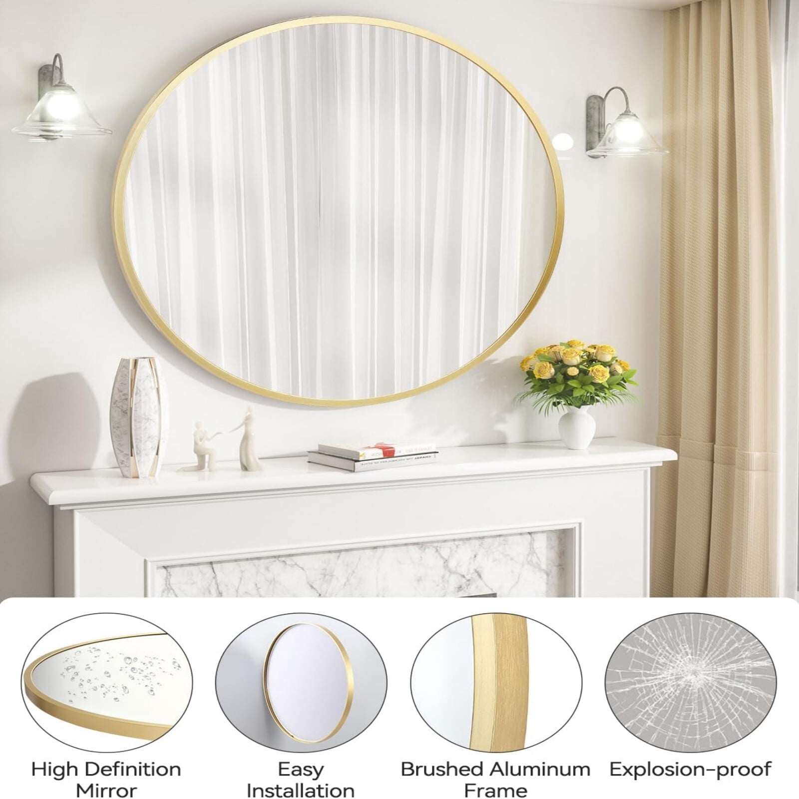 Mirrasia 30" Round Bathroom Wall Mirror, Gold
