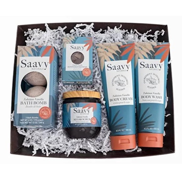 Saavy Naturals Cesta de regalo de spa de 5 piezas Cesta de regalo relajante con aroma a vainilla de Tahití con gel de baño exfoliante de azúcar y más cestas de regalo de cuidado personal de spa para m