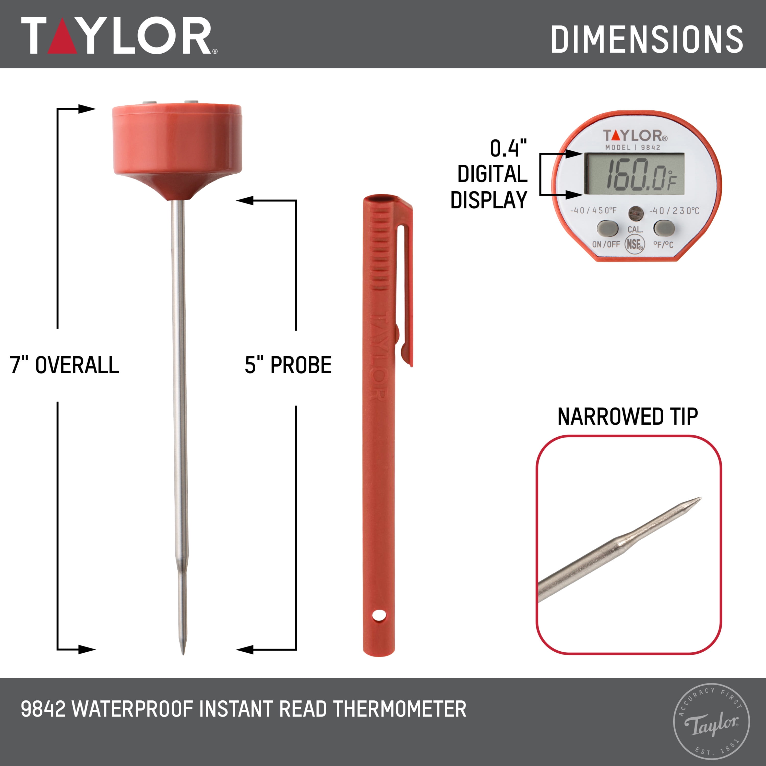 Taylor 9847 Waterproof Digital Instant Read Meat Food Grill BBQ Kitchen  Cooking Thermometer, Comes with Sleeve Extender and Lanyard