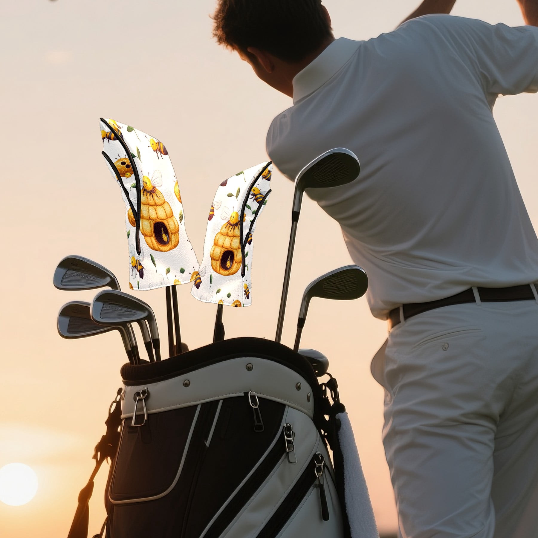 Golf Head Covers Bee Nesting Design for Driver, Wood & Hybrid, Premium Waterproof PU Leather with Plush Lining, Nature Inspired Golf Gifts