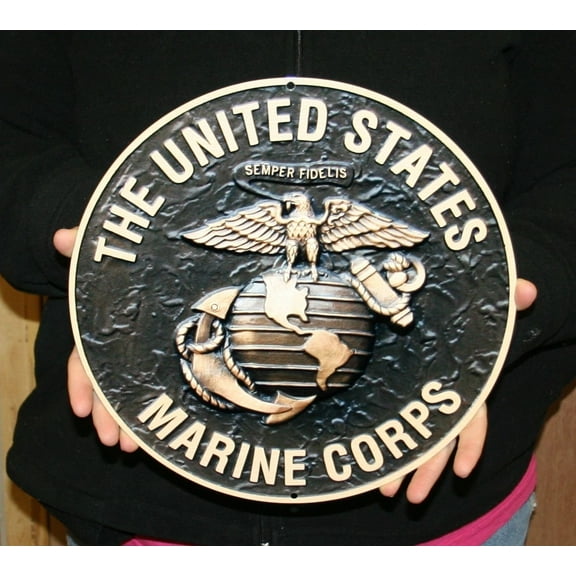 USMC Logo Round Metal Wall Hanging Sign Black w/ Bronze 12" Semper Fi