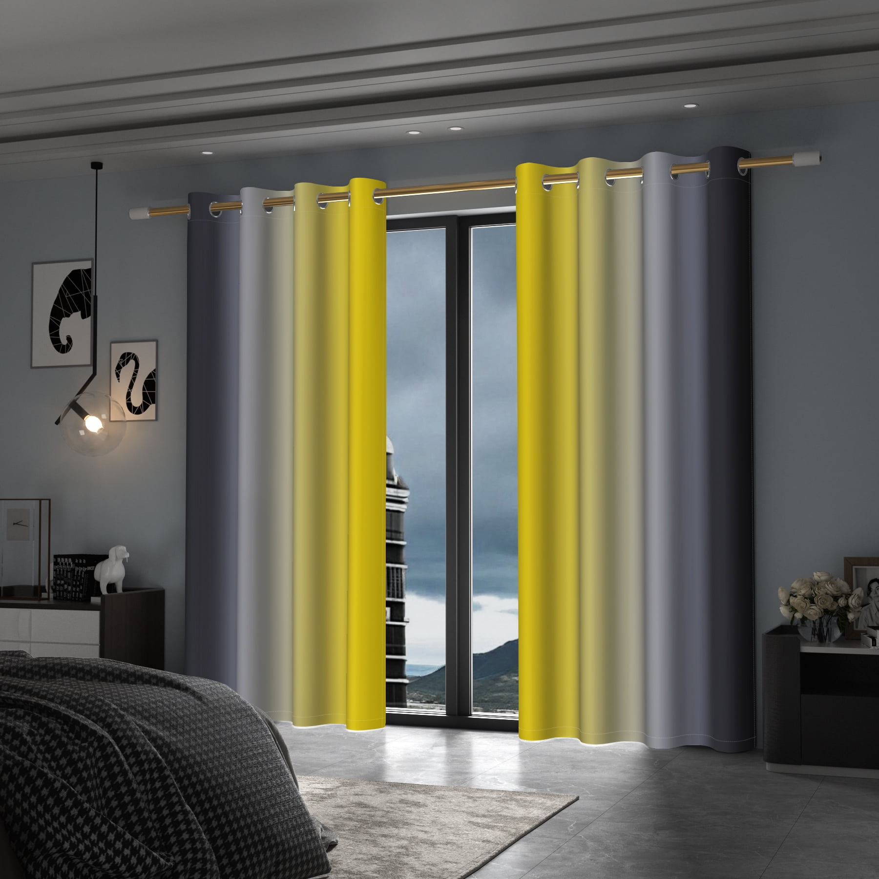 Lfeey Yellow Room Darkening Curtains, Gradient Black Ombre Blackout Curtains, Living Room Kids Bedroom Decorative Privacy Curtains, 52W X 96L, 2 Panels