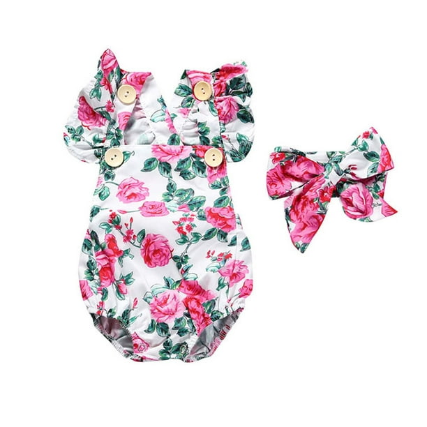 Body Para Bebé, Conjunto De Canastilla, Mono Sin Mangas Para Niño Pequeño, Diadema Con Estampado De Flores, Ropa De Dos Piezas Para Niños, Color Rosa Intenso Odeerbi LM103-5592