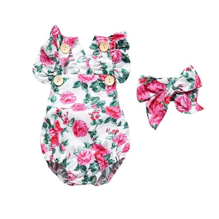

Infant Baby Girl Outfit Infant Cute Floral Print Onesie Ruffle Romper Dress Jumpsuit with Headband Summer Clothes