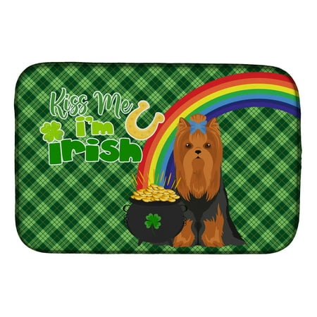 

Black and Tan Full Coat Yorkshire Terrier St. Patrick s Day Dish Drying Mat 14 in x 21 in