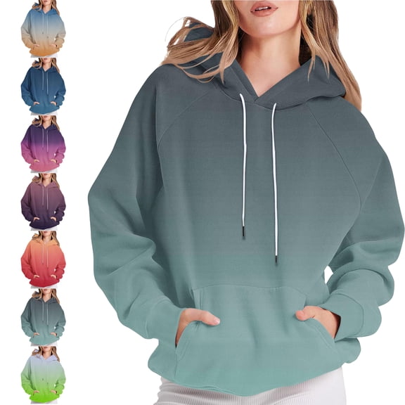 SYwaren Drawstring Hoodie for Women Gradient Print Raglan Sleeve Long Sleeve Sweatshirt with Pockets Tops