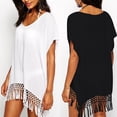 thumbnail image 4 of HNMKIU Swimsuit Coverup for Women Solid Color Crewneck Short Sleeve Tassel Pullover Loose Batwing Chiffon Beach Shirt Bathing Suit Cover Up for Women Z03_Black,One Size, 4 of 6