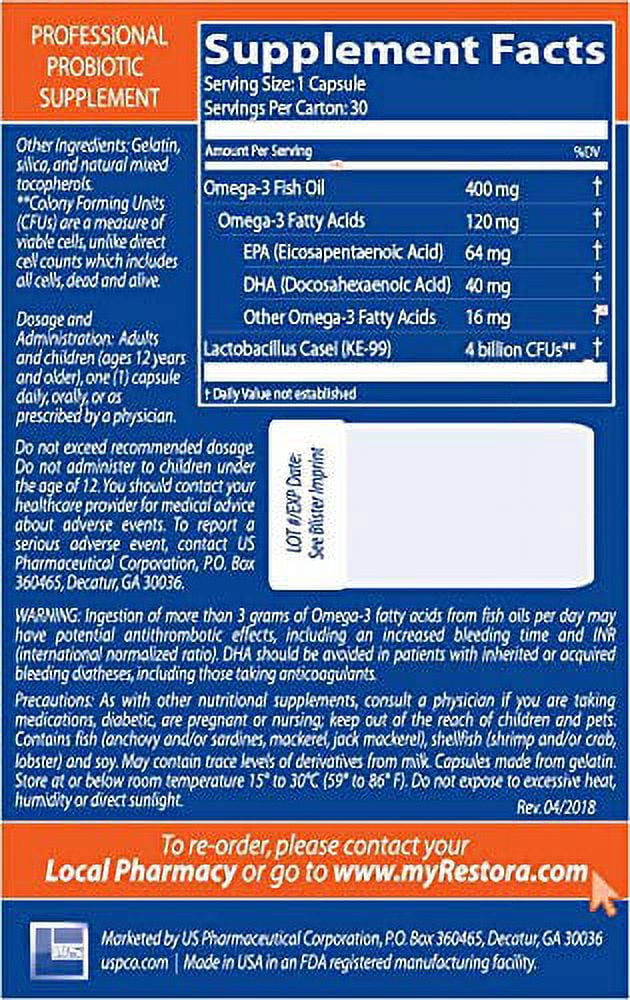 Restora Probiotic Supplement Immunity Booster Gut Health Omega 3, 30 Count