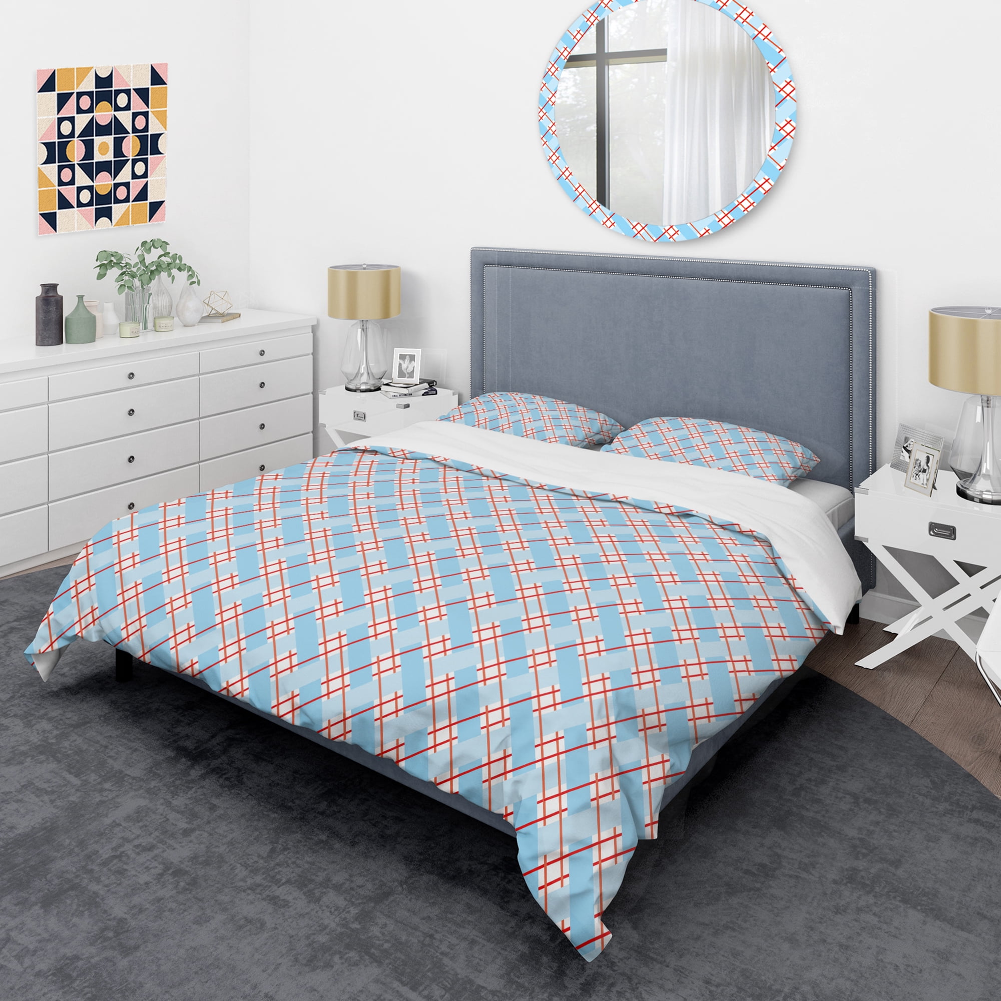 Designart 'Blue And Red Plaid' Mid-Century Modern Duvet Cover Set