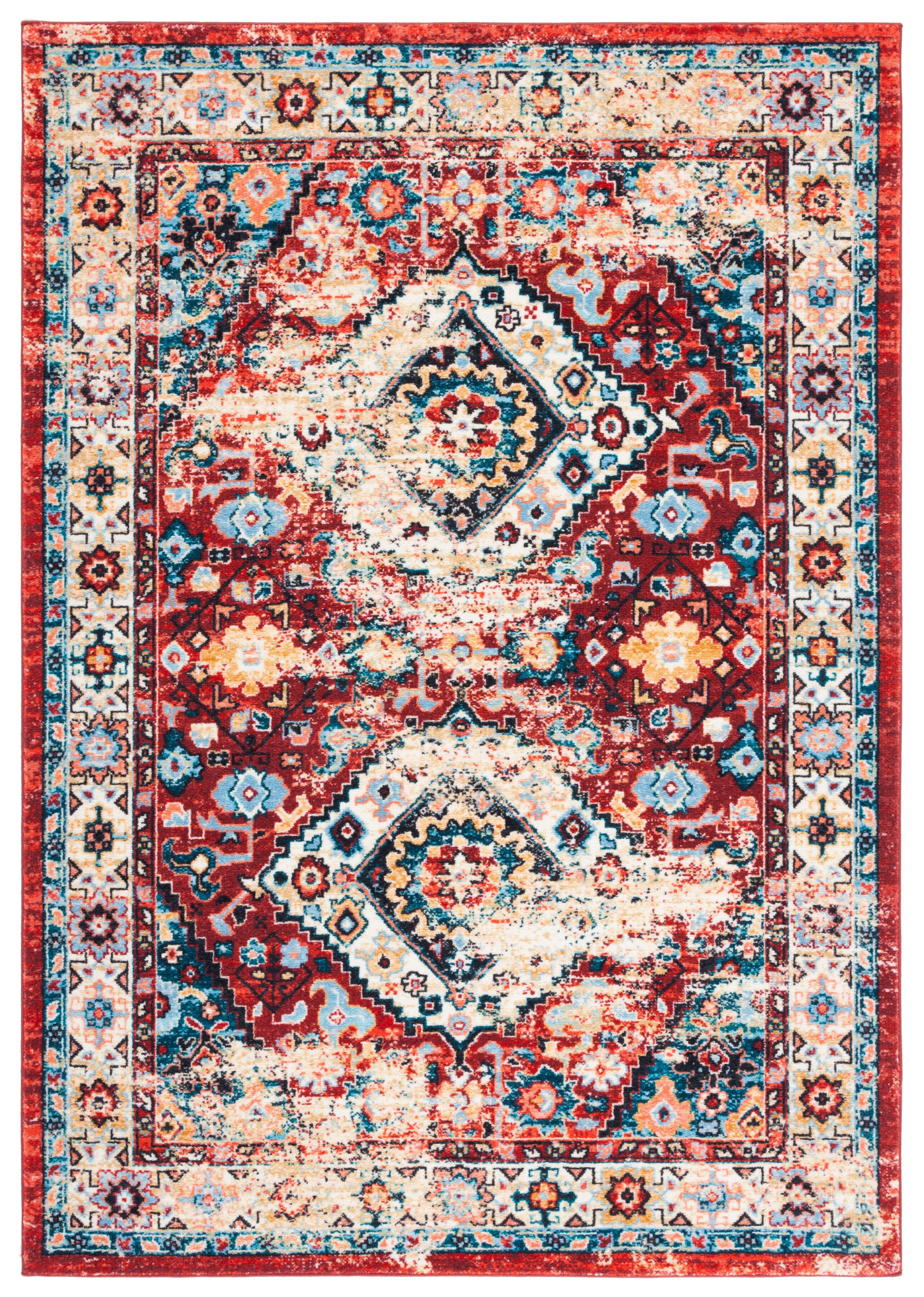 SAFAVIEH Riviera Jacob Oriental Polyester Machine Washable Area Rug, Red/Blue, 4'5" x 6'