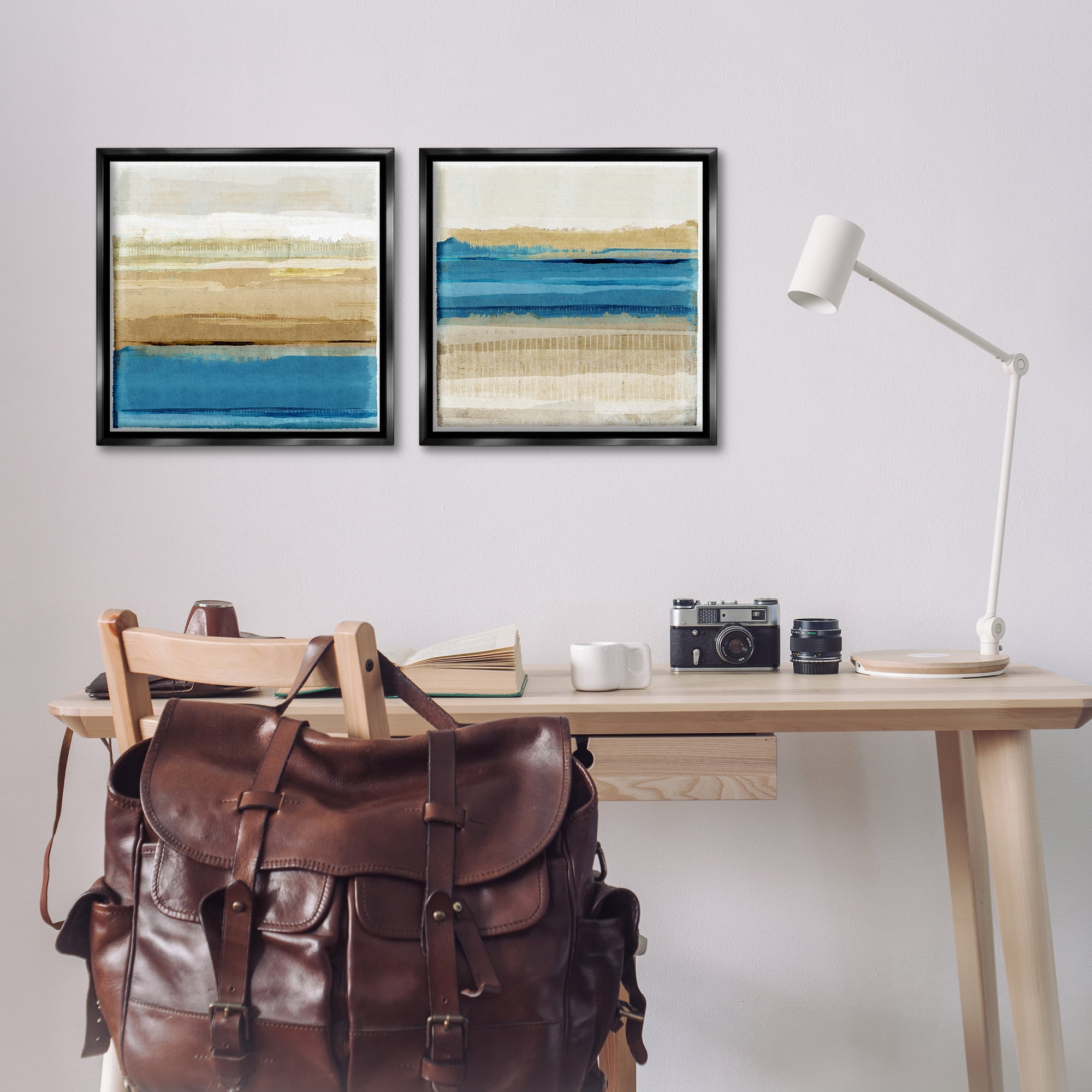 Stupell Industries Blue Gold Daze Striped Abstract Abstract Painting Black Floater Framed Canvas Art Print Wall Art, 18 x 18, Set of 2