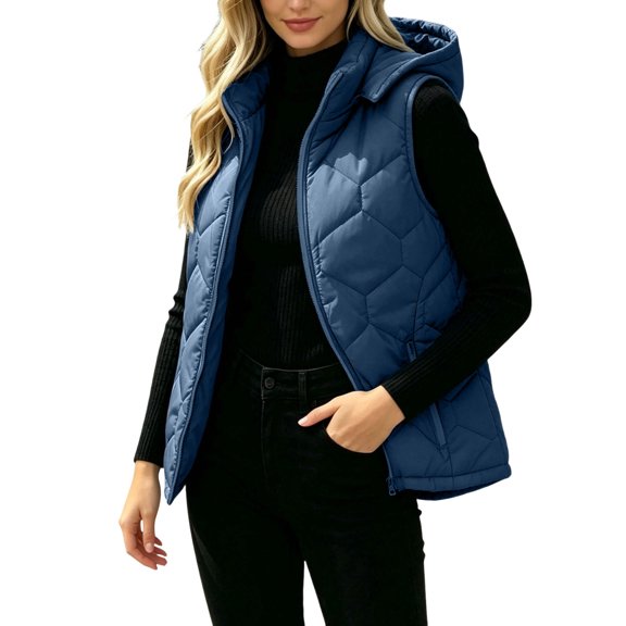 Sevevn Womens Hooded Quilted Puffer Vest Full‑Zip Lightweight Padded Sleeveless Jacket with Zip Pockets Navy M
