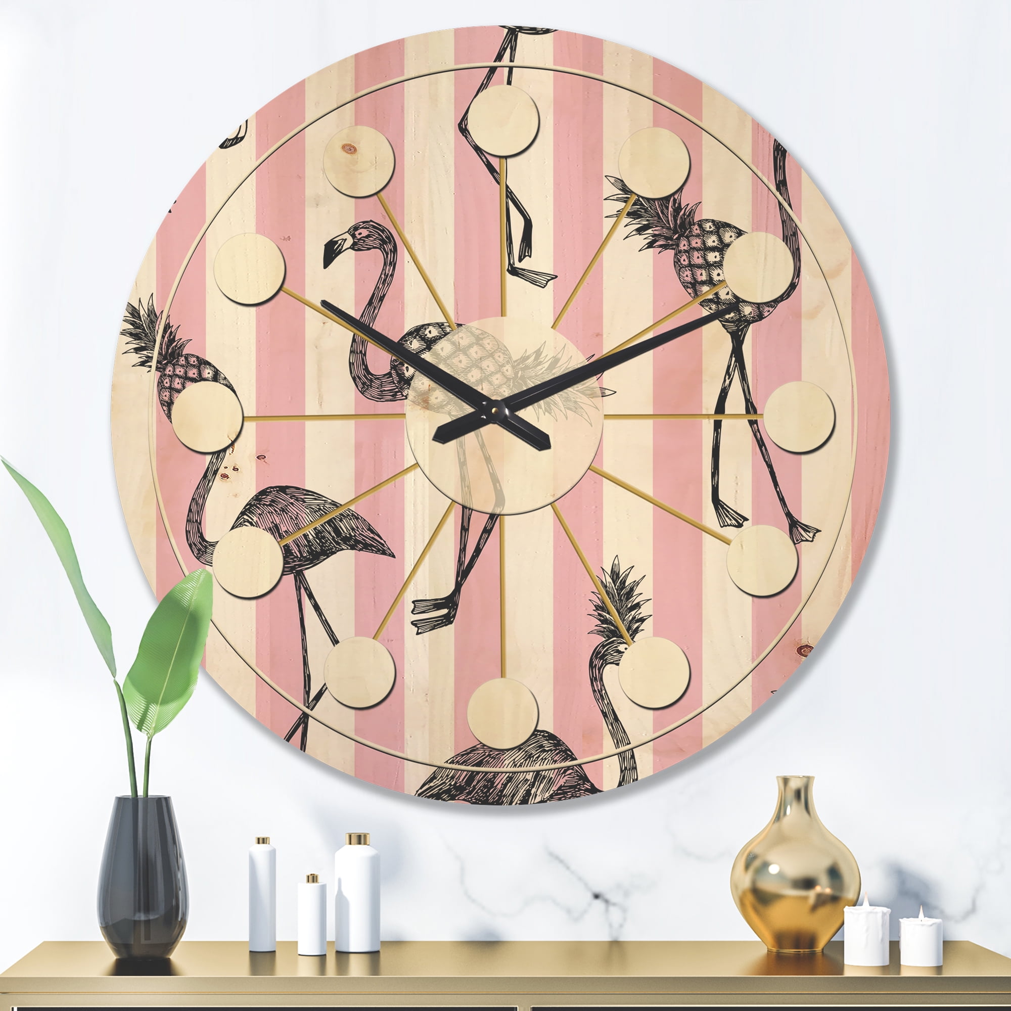 Designart 'Flamingo on Pink Retro' Mid-Century Modern Wood Wall Clock