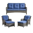 thumbnail image 2 of PARKWELL Outdoor Patio Wicker Furniture Set - 5 Piece Sectional Sofa Set with 3-Seat Sofa,2 Chairs and 2 Ottomans,Gray Wicker and Blue Cushion, 2 of 7