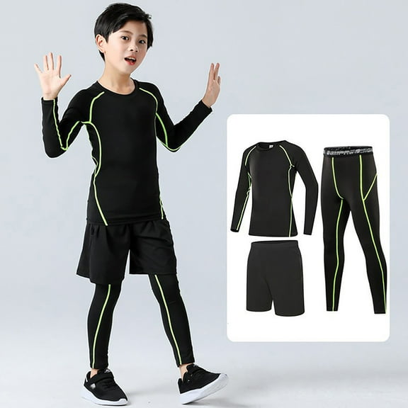 Boys Athletic Compression Outfit Set Thermal Base Layer Running Leggings and Performance Shirt for Outdoor Activities
