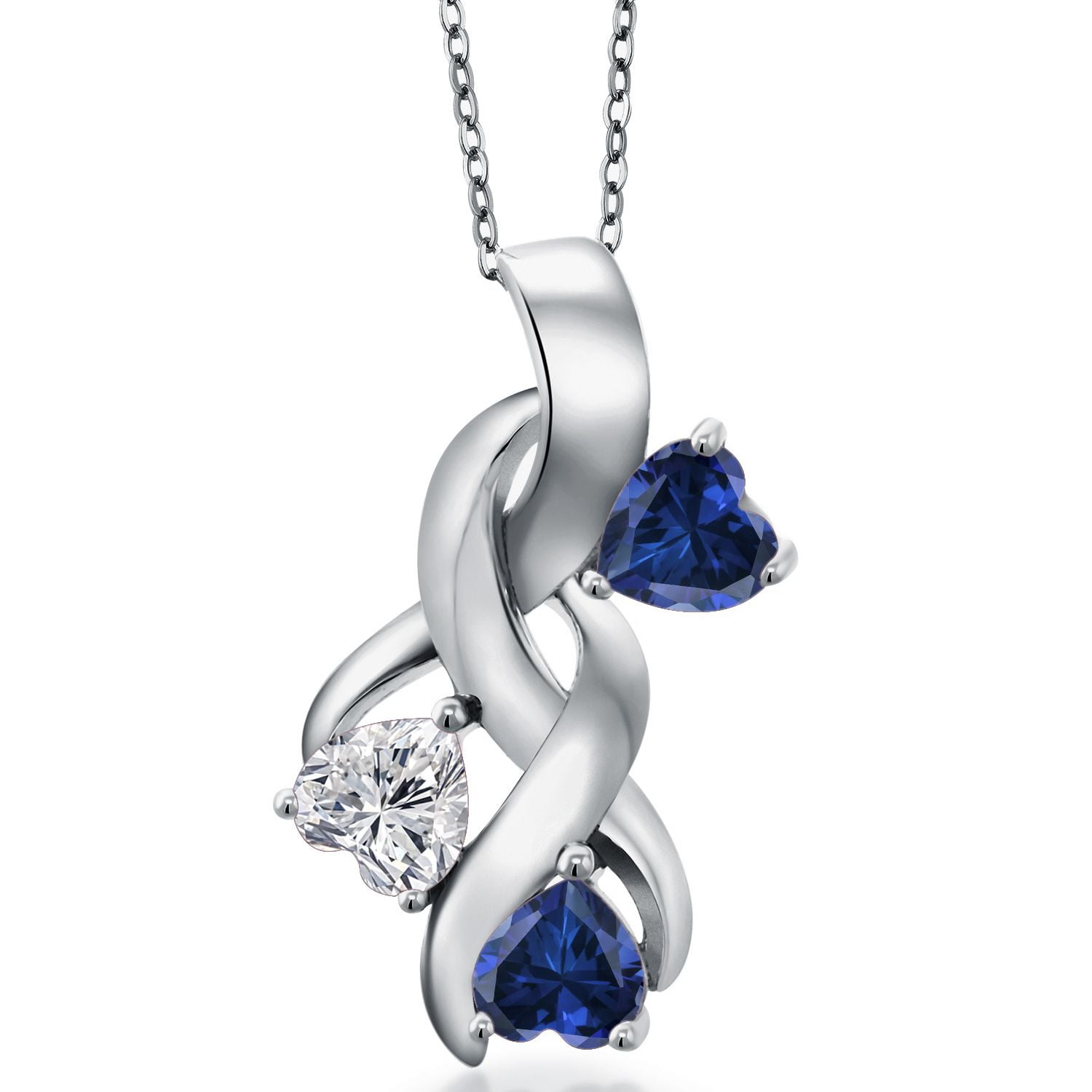 Gem Stone King 925 Sterling Silver Lab Grown Diamond and Blue Created Sapphire Pendant Necklace for Women | 1.44 Cttw | Gemstone April Birthstone | Heart Shape 5MM | With 18 inch Chain